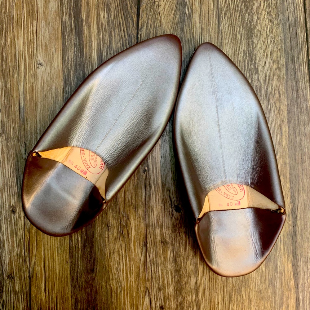 Moroccan Leather Slippers Brown Silverish.